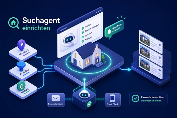 Infografik: Suchagent mit Standort, Kriterien und Budget einrichten und automatisch per E-Mail oder Push über passende Immobilien benachrichtigt werden