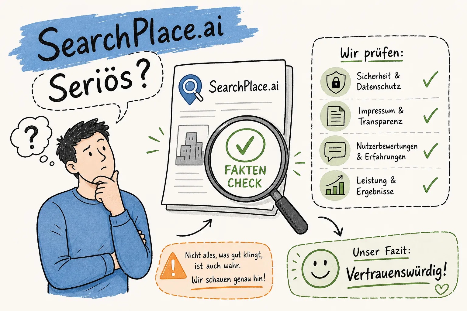 Illustration: Faktencheck zu SearchPlace.Ai mit Prüfpunkten zu Datenschutz, Impressum, Nutzerbewertungen und Leistung