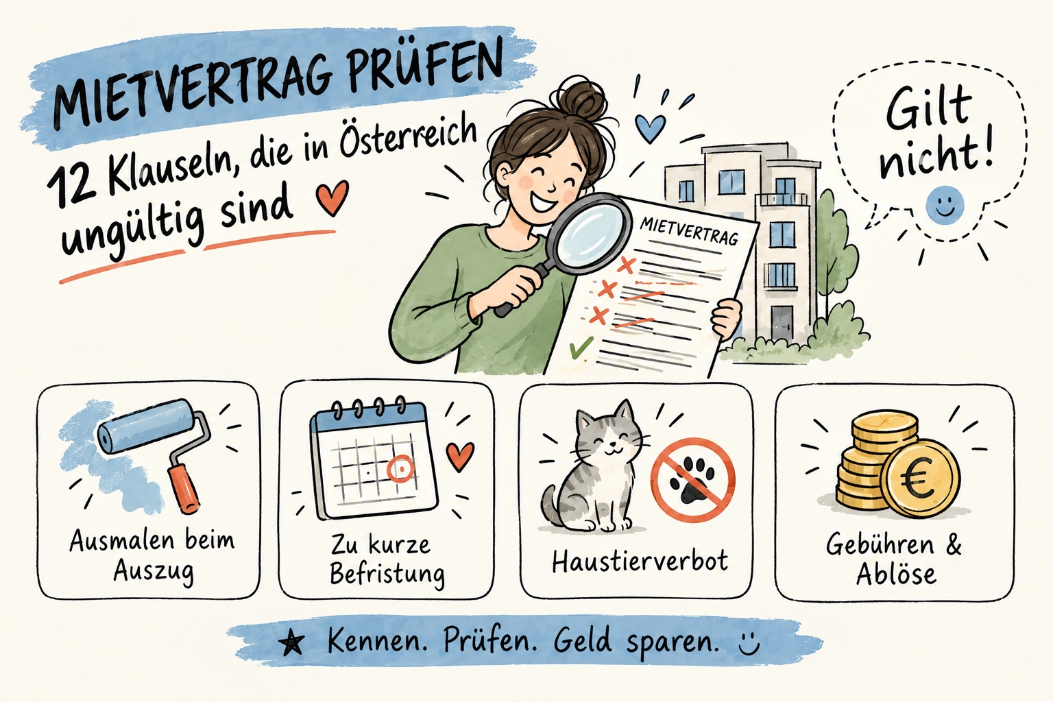 Illustration: Mietvertrag prüfen mit Lupe, ungültige Klauseln rot durchgestrichen, darunter Ausmalen beim Auszug, zu kurze Befristung, Haustierverbot sowie Gebühren und Ablöse