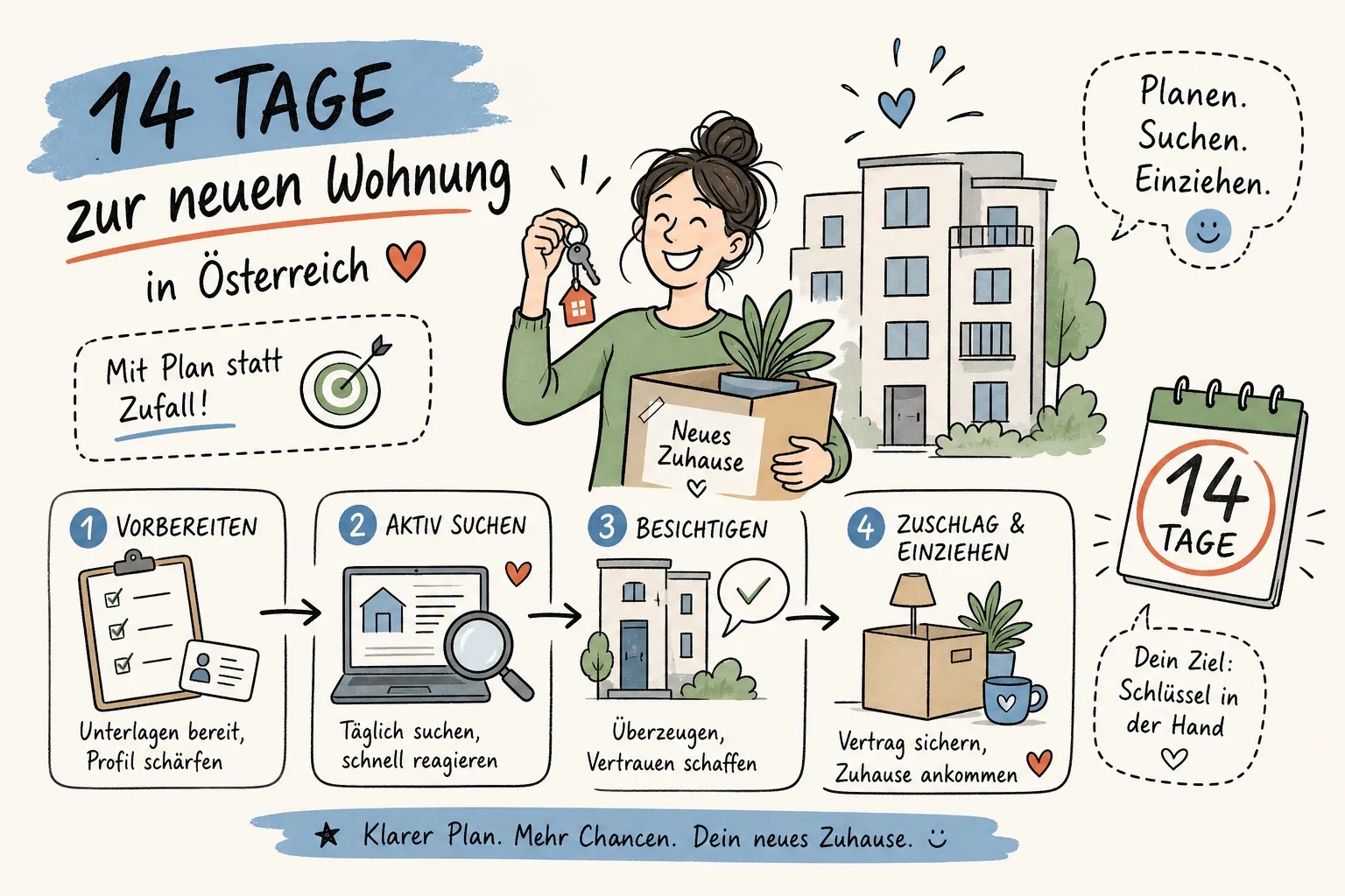 Illustration: 14-Tage-Plan zur neuen Wohnung in Österreich mit den vier Schritten Vorbereiten, Aktiv suchen, Besichtigen und Zuschlag