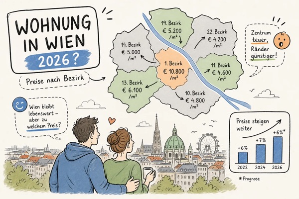 Illustration: Wohnungspreise in Wien 2026 nach Bezirk in Euro pro Quadratmeter, dazu die Preisentwicklung bis 2026