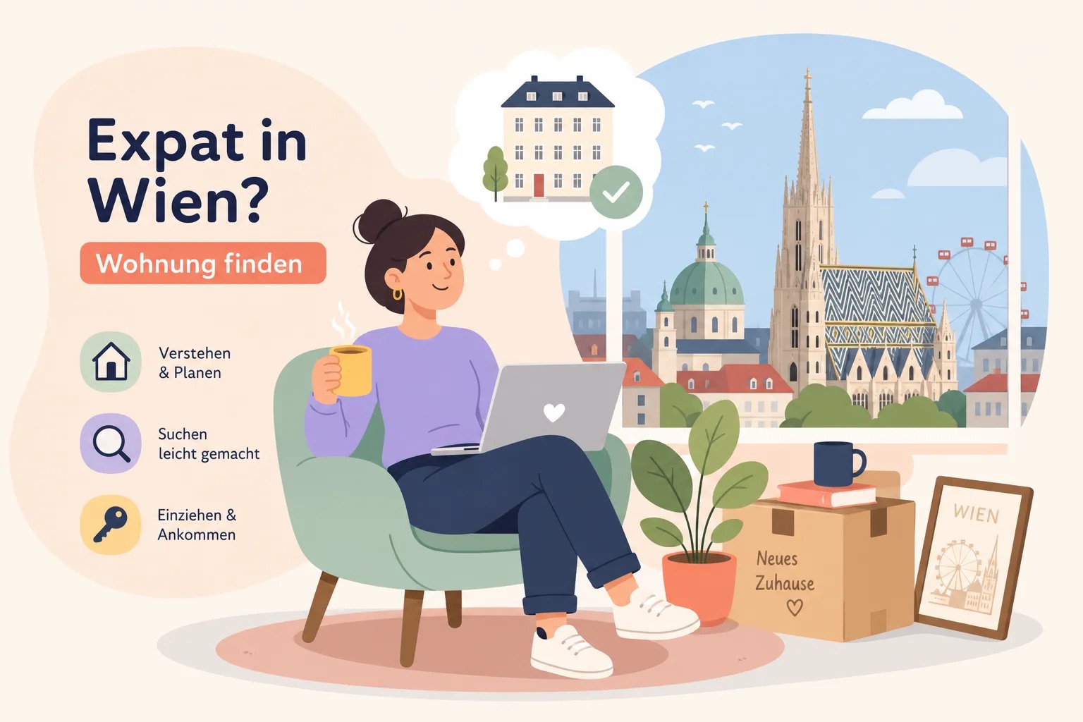 Illustration: Expat sucht am Laptop eine Wohnung in Wien, im Hintergrund Stephansdom und Riesenrad