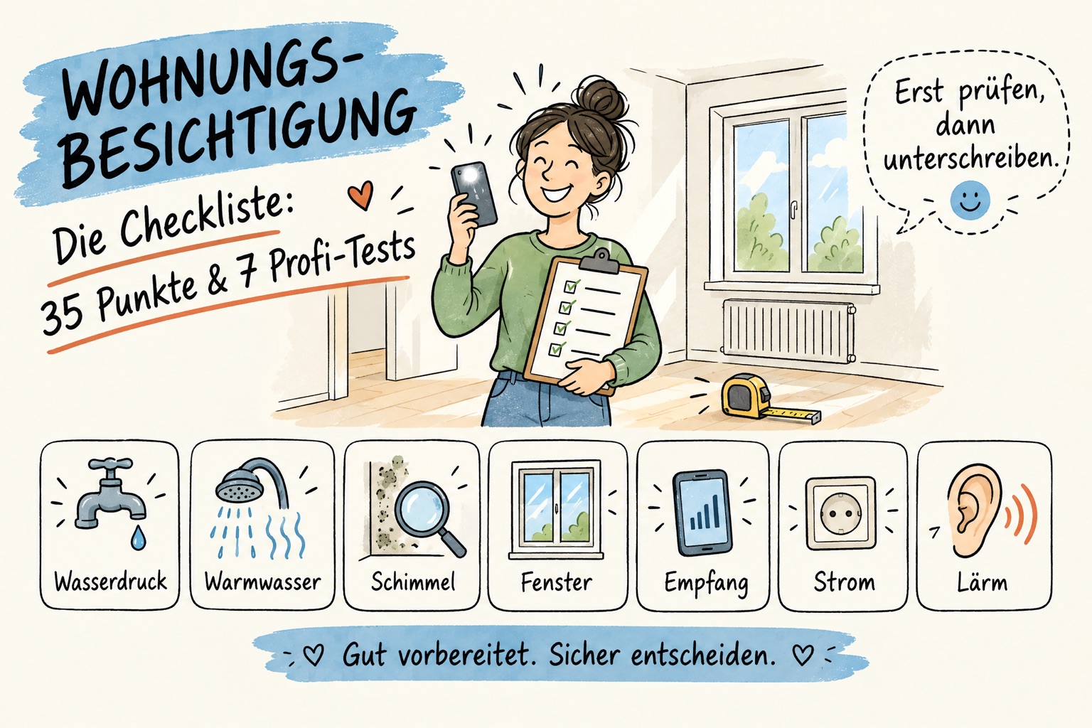 Illustration: Wohnungsbesichtigung mit Checkliste, Smartphone-Taschenlampe und Maßband, darunter die 7 Profi-Tests Wasserdruck, Warmwasser, Schimmel, Fenster, Empfang, Strom und Lärm